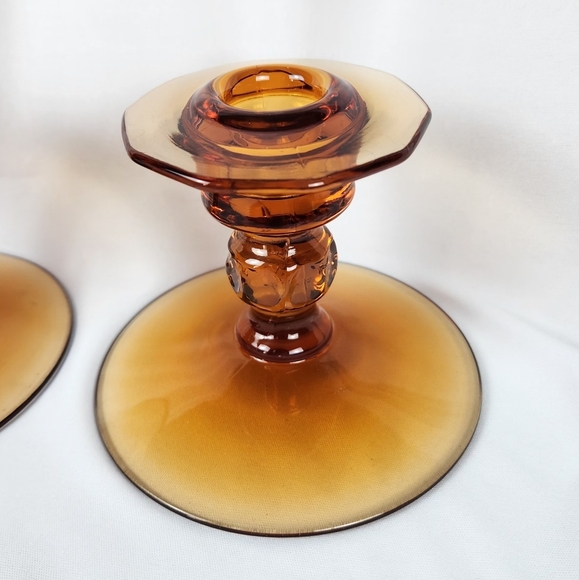Vintage Cambridge Glass #627 Candleholders Candle Sticks, Amber Cleo - Picture 2 of 9